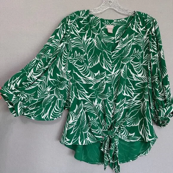 Chicos Tie-Front Green Palm V-Neck Tropical Blouse Green Sz 0 US 4/6 Small - Picture 7 of 11